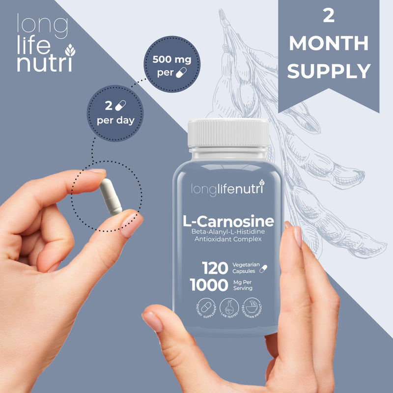 LongLifeNutri L-Carnosine 1000mg - Beta-Alanyl-L-Histidine Supplement for Cellular Energy & Brain Clarity, 120 Vegetarian Capsules, 2-Month Supply, GMP Certified, Made in USA 120 Count (Pack of 1)