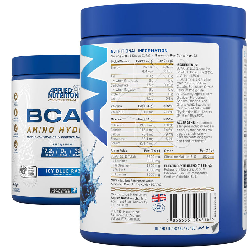 Applied Nutrition BCAA Powder - Branched Chain Amino Acids BCAAs Supplement, Amino Hydrate Intra Workout & Recovery Energy Drink (450g - 32 Servings) (ICY Blue Raz) Icy Blue Raz 450g (Pack of 1)
