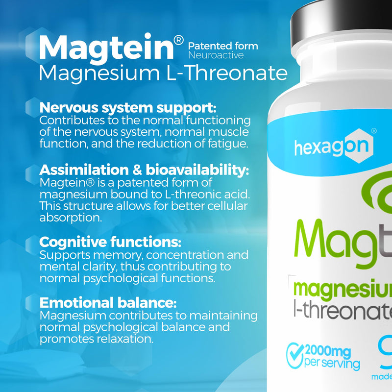 Magnesium L-Threonate Magtein® 2000mg - Memory, Mental Clarity, Restorative Sleep - Optimal Cerebral Assimilation - Patented Form from MIT - 90 Vegan Capsules - +1 Month Cure - Hexagon