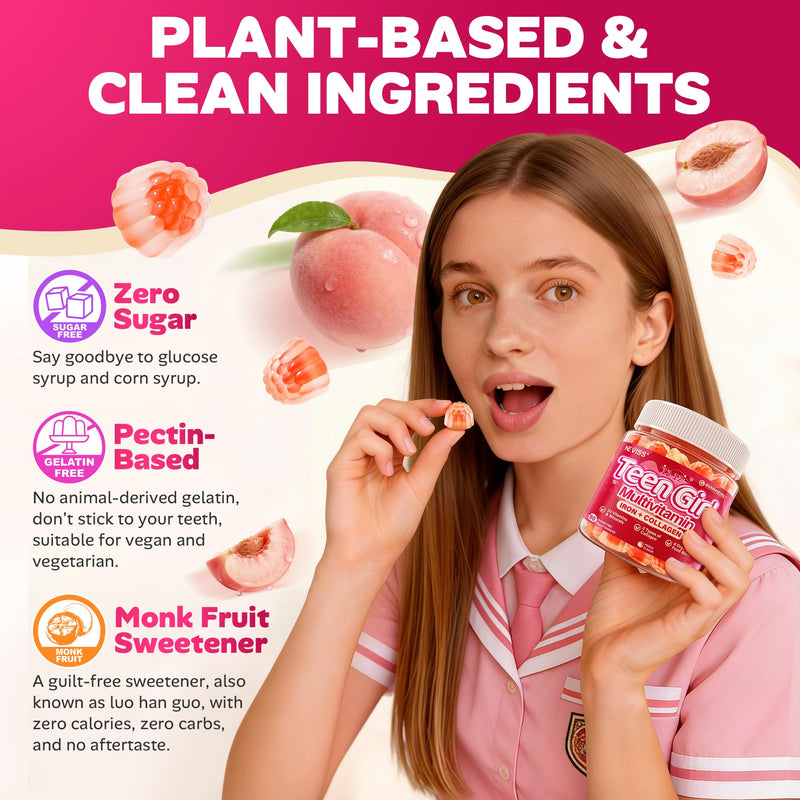 Methylated Multivitamin Gummies for Teen Girls 12-17, Methylfolate, Iron | Collagen, D3 K2, Magnesium, Zinc, Daily Vitamins A C E, B Complex for Teenager Growth, Skin, Bone, Energy - Sugar Free, 60Cts 60 Count (Pack of 1)