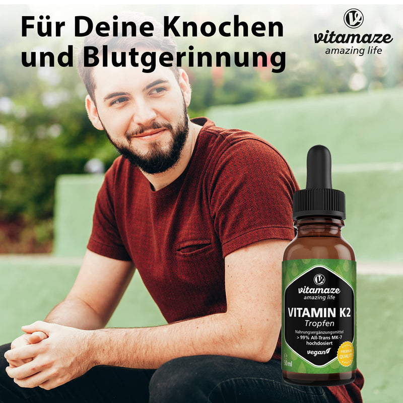 Vitamin K2 Drops, 200 mcg Vitamin K2 per Daily Dose, High Strength, Vegan & Liquid, MK-7 Menaquinone (> 99% All-Trans Form), 50 ml (1700 Drops), Supplement Without Additives, High Bioavailability