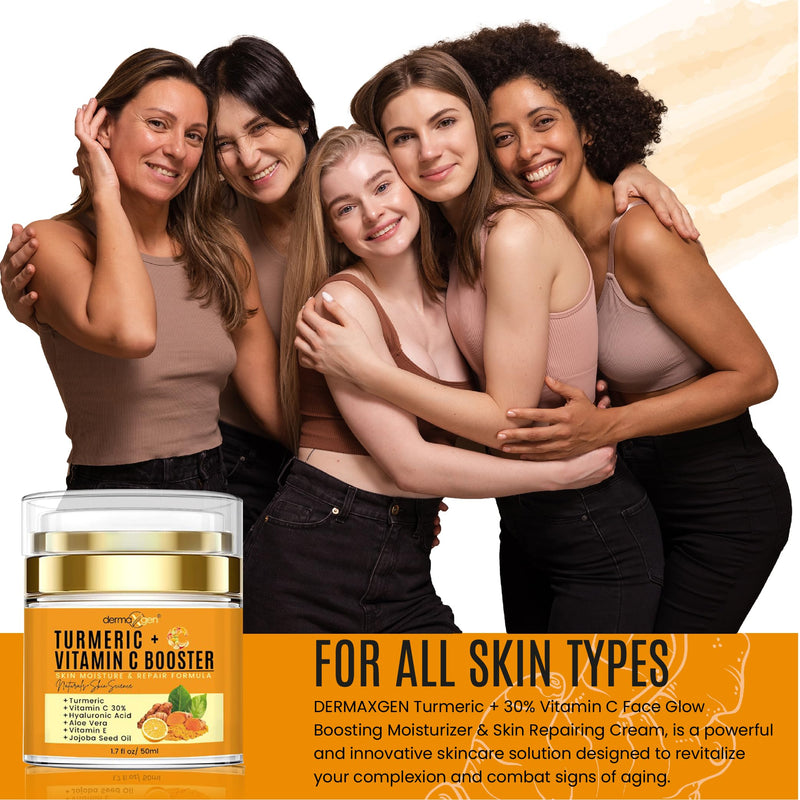Turmeric Face Cream with 30% Vitamin C – Glow Booster, Anti-Aging & Skin Repair Moisturizer for Dark Spots, Hydration & Radiance – Vitamin C Cream for All Skin Types (1.7 fl oz) Turmeric Booster Cream