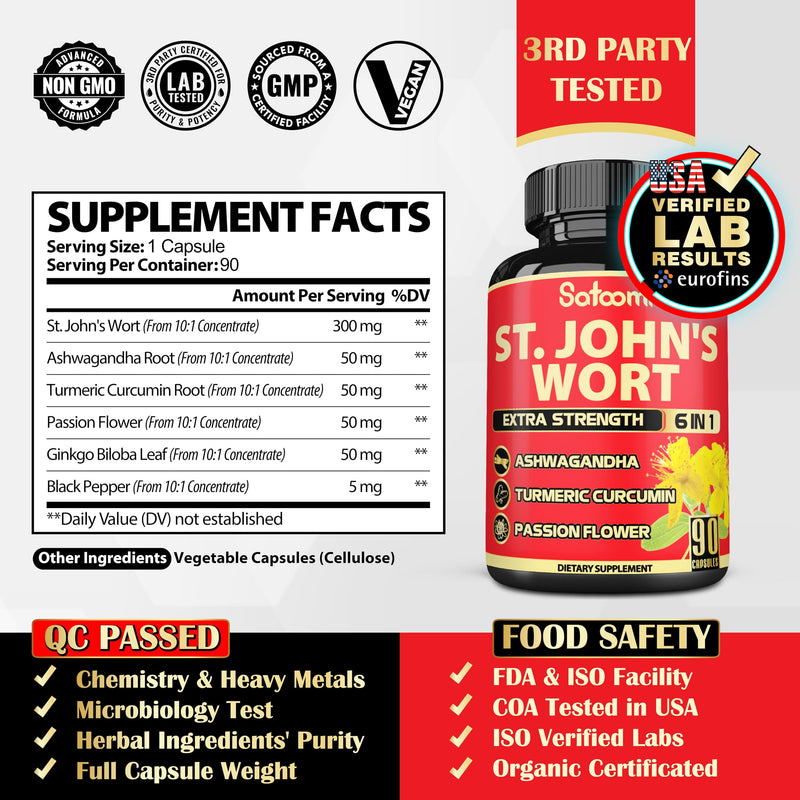 [Australia] - Satoomi St. John's Wort Capsules Extract Supplement 5050mg - 90 Veggie Caps 3-Month Supply - Ashwagandha Root, Turmeric Curcumin Root, Passion Flower & more 
