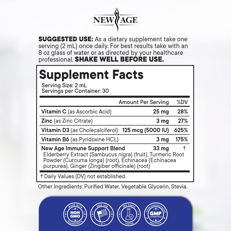 NEW AGE 8-in-1 Immune Support Liquid Drops – Elderberry, Turmeric Curcumin, Echinacea, Ginger, Vitamins C & D3, Zinc & B6 – Fast-Absorbing Immune & Antioxidant Support – Vegan, Non-GMO – 2 oz 2 Fl Oz (Pack of 1)