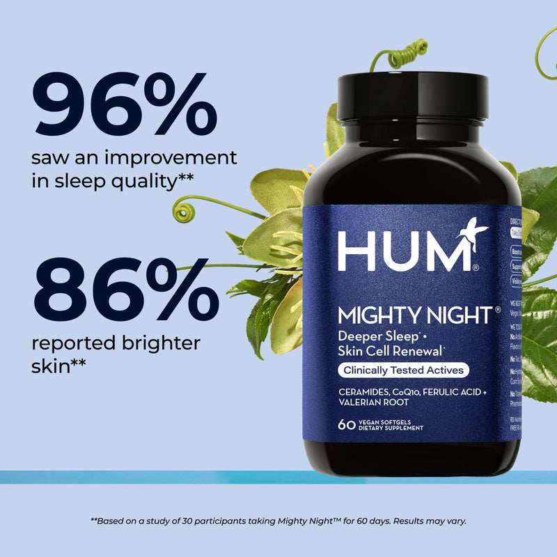HUM Mighty Night Sleep & Skin Supplement CoQ10 & Valerian Root, 60 Count | CoQ10, Ferulic Acid, Ceramides, Passion Flower & Valerian Root, Women & Men, Vegan Softgels