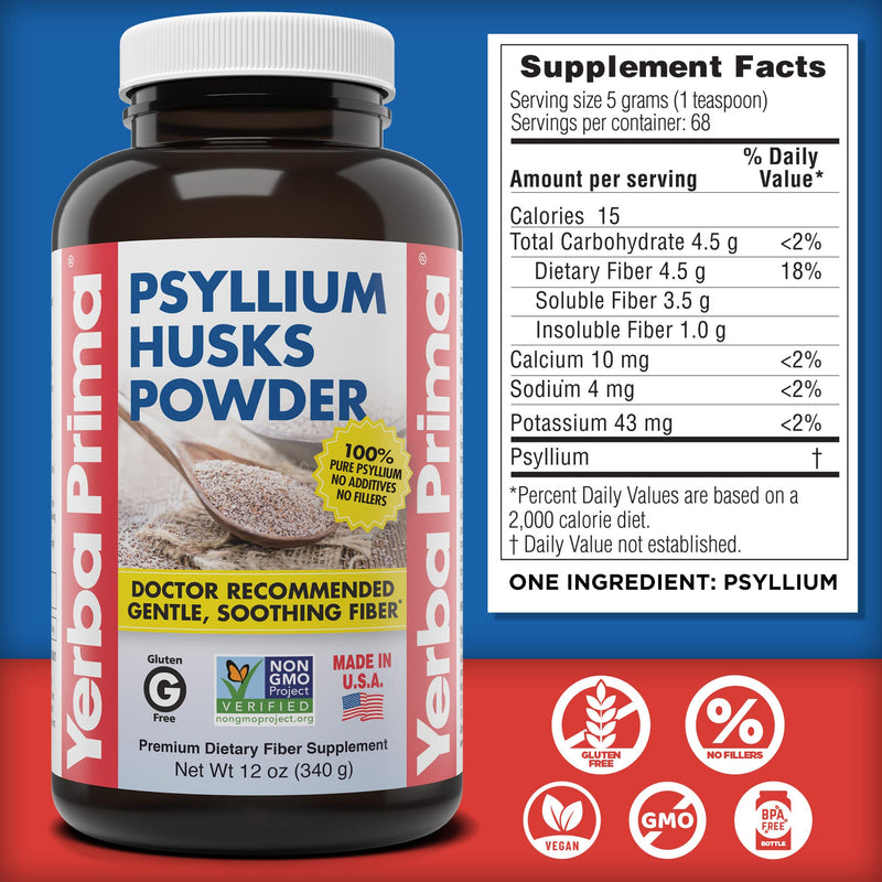 [Australia] - Yerba Prima Psyllium Husks Powder 12 oz - Natural Fiber Supplement - Colon Cleanser - Gut Health - Vegan, Non-GMO, Gluten-Free (New Label - Packaging May Vary) Unflavored 12 Ounce (Pack of 1) 