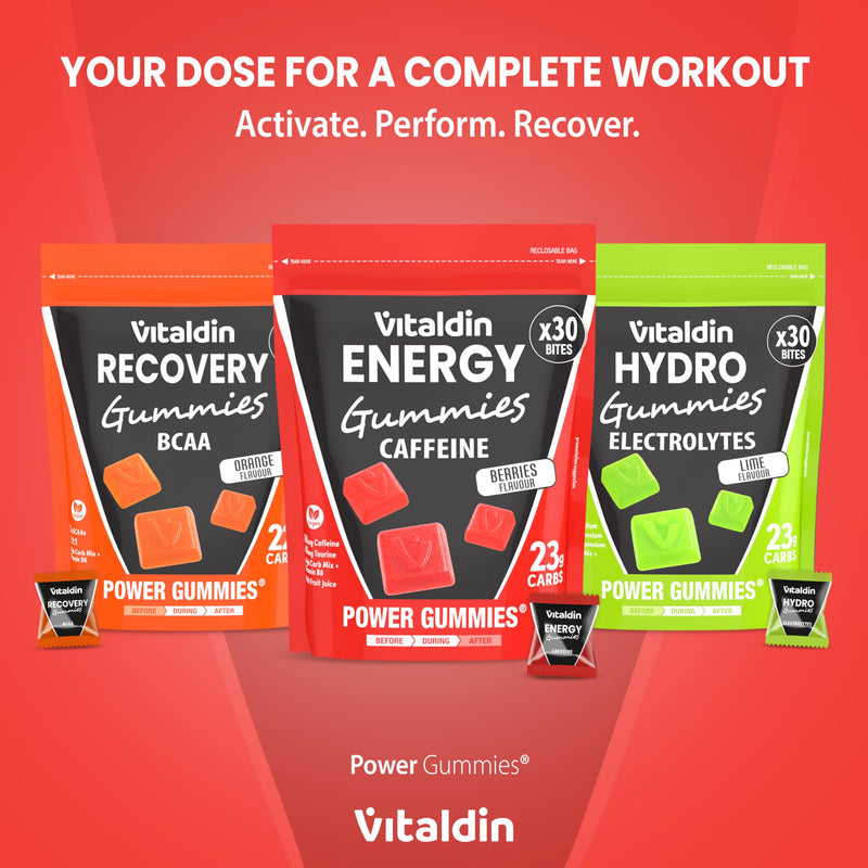 VITALDIN Sport Power Gummies Caffeine & Taurine – Quick & Sustained Energy – 80 mg Caffeine, 40 mg Taurine per Serving + Vitamin B6 – 30 Chewable Gummy Bites – Berries Flavour – Vegan