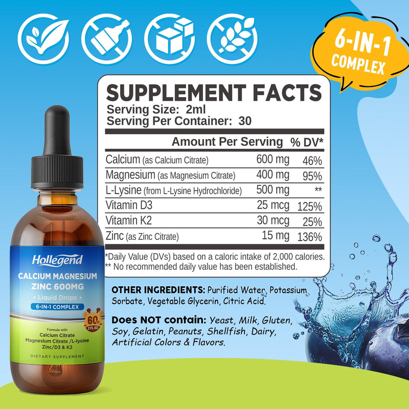 Liquid Calcium Citrate Drops 600mg with Vitamin D3 & K2, 2 Fl Oz | L-Lysine 500mg, Magnesium & Zinc, For Kids & Adults 2 Fl Oz (Pack of 1)