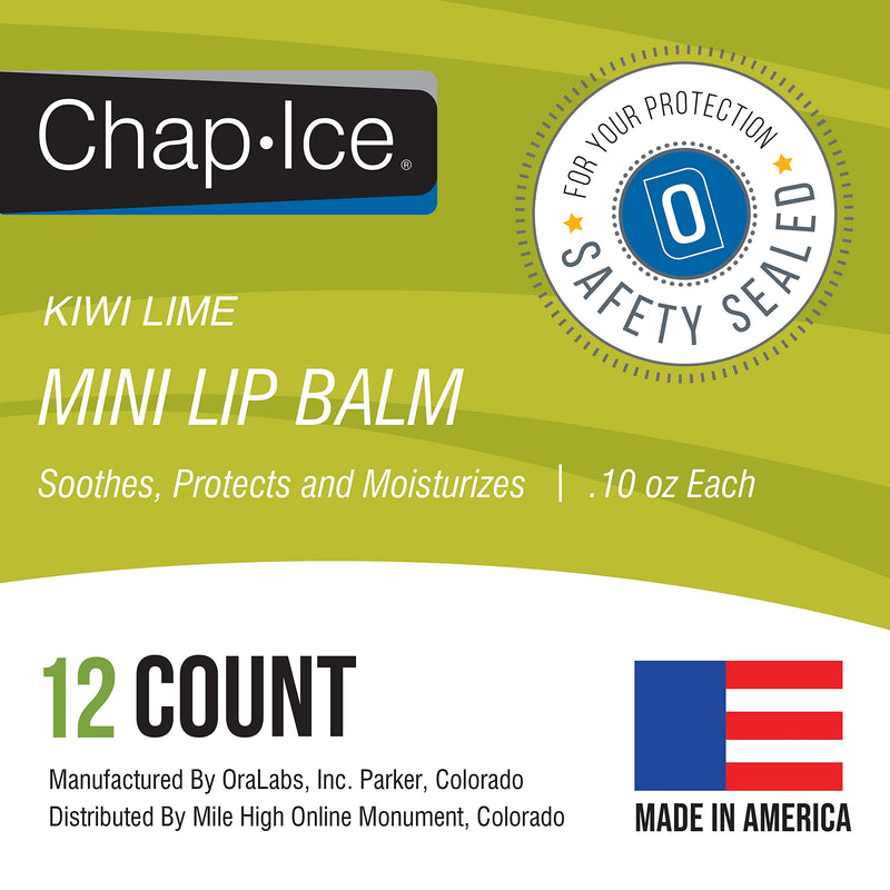 Chap-Ice® | 12-Count Mini Kiwi Lime Lip Balm | Lip Balm Pack Fortified with Vitamin E for Dry, Cracked Lips | Made in USA