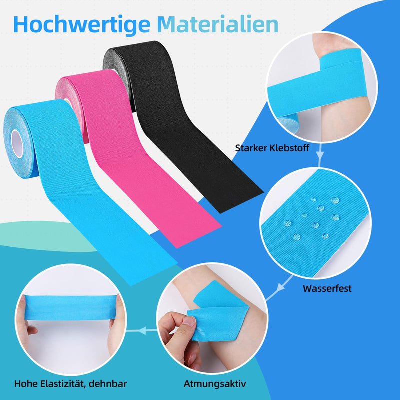 [Australia] - AUXHCYL Tape Sport Kinesio Tapes - 3 Kinesiology Tape Rolls, Classic Sports Tape, Professional Physio Tape, Skin-Friendly Medical Tapes for Shoulder, Knee and Ankle (5m x 5cm) 