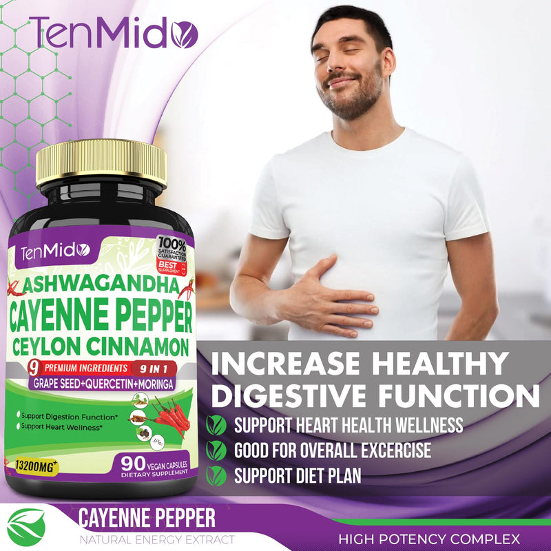 [Australia] - Cayenne Pepper Supplements Capsules 13200mg, 3 Months Supply & Ashwagandha, Ceylon Cinnamon, Grape Seed, Quercetin, Moringa, Ginkgo Biloba - Supports Cardiovascular, Promotes Digestive Health -90 Caps 