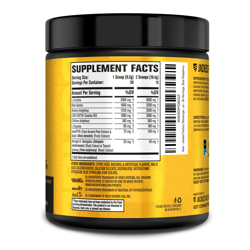 [Australia] - Jacked Factory Nitrosurge Build Pre Workout with Creatine for Muscle Building - Con Cret Creatine Powder & elevATP for Intense Energy, Powerful Pump, & Endless Endurance - 30 Servings, Blue Raspberry 30 Servings (Pack of 1) 