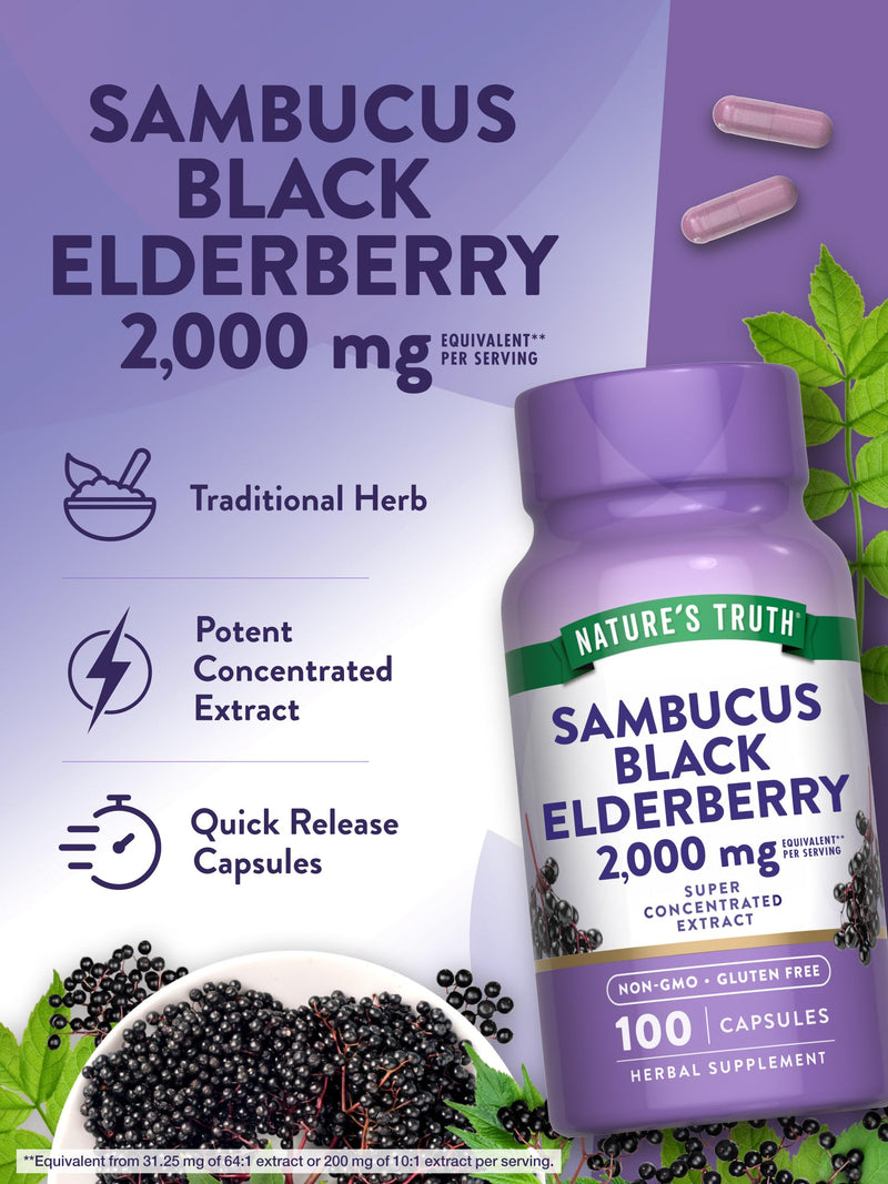 [Australia] - Nature's Truth Black Elderberry Capsules | 100 Count | Super Concentrated Sambucus Extract | Non-GMO and Gluten Free Supplement 100 Count (Pack of 1) 