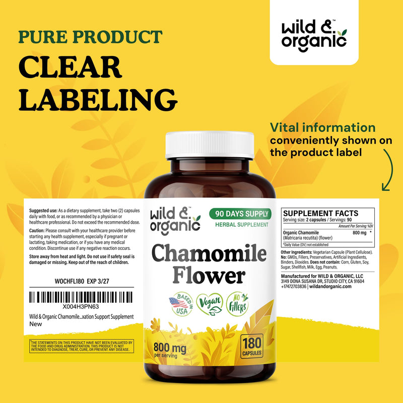 [Australia] - Wild & Organic Chamomile Extract Capsules 800 mg - Relaxation & Digestive Support - Chamomile Powder Supplement - Matricaria Recutita Herb - Vegan, No Fillers, Non-GMO - 180 Count 