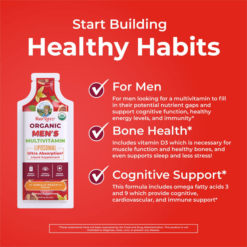 MaryRuth Organics Multivitamin for Men | USDA Organic | Sugar Free Mens Multivitamin Liposomal | Liquid Vitamins for Men | Immune Support Supplement & Overall Wellness | Vegan | 14-0.5 Fl Oz Pouches | 0.5 Fl Oz