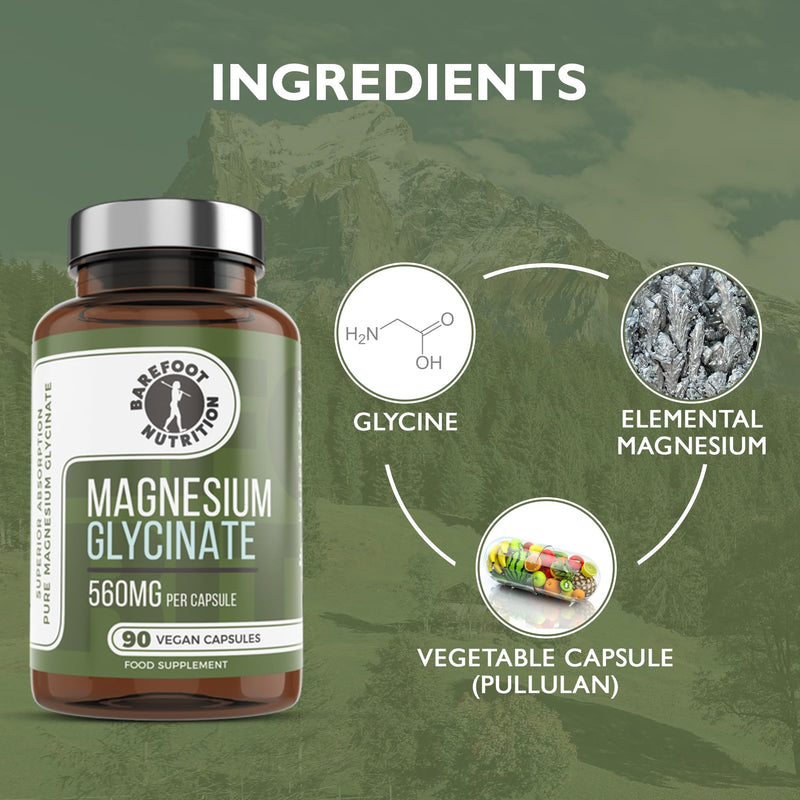 Barefoot Nutrition Magnesium Glycinate Supplement 560mg - 90 x 1-to-3 a Day Capsules. Pullulan Capsule - Superior Absorption: no Synthetic Binders or additives. Vegan & Paleo Friendly 90 count (Pack of 1)