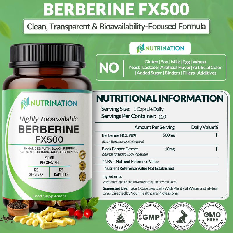 Berberine high Strength Supplement-510Mg Per Capsule- 4 Months Supply -120 Vegan Capsules 98% Pure Berberine HCL with Black Pepper Extract for Improved Absorption- Non-GMO-lab-Tested