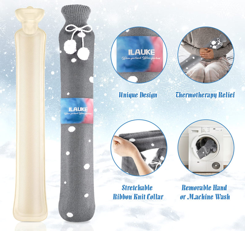 [Australia] - 73 cm hot water bottle hose long with knitted cover, hot water bottle 2 L with folding funnel, portable and washable knitted bottle cover hot water bottle for muscle pain, menstrual cramps (white/grey) white spot on grey 