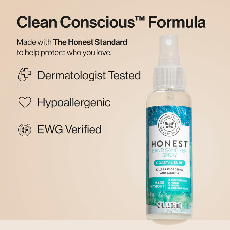 [Australia] - The Honest Company Plant-Based Hand Sanitizer Spray | Kills 99.9% of Germs | Hypoallergenic, Quick-drying + Moisturizing | Coastal Surf, 2 fl oz 2 Fl Oz (Pack of 1) 