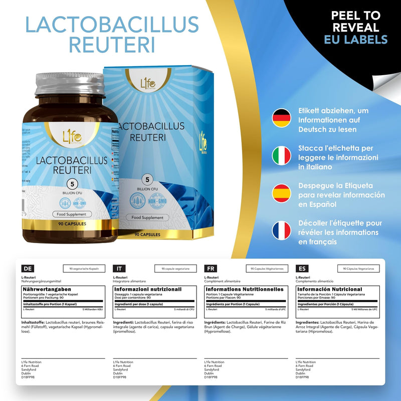 LN L Reuteri | 90 Lactobacillus Reuteri Probiotic Capsules - 5 Billion CFU L-Reuteri per Serving | High Strength L-Reuteri Supplement | Non-GMO, Gluten & Allergen Free | Made in The UK