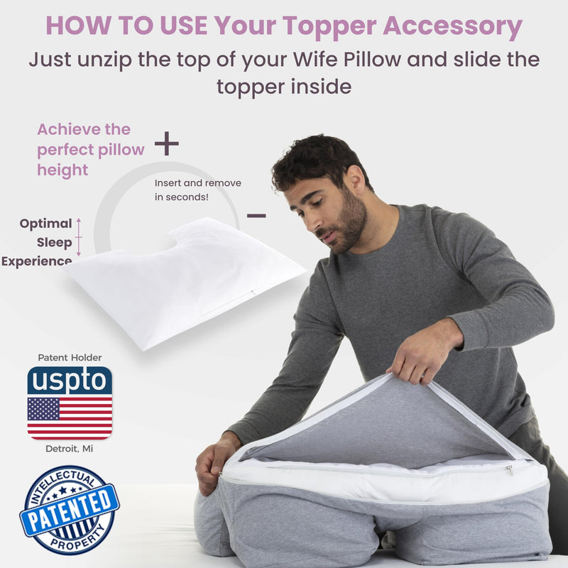[Australia] - Wife Pillow - Topper, Down Alternative Premium Siliconized Fiberfill - Machine Wash & Dry. Adjustable for Side Sleepers by Zipper Access, Add or Remove Filling for Best Sleeping: Medium Support Insert - Fiber Fill Down Alternative, White/ Beige 
