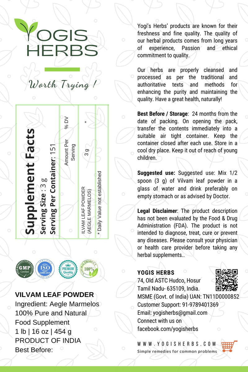 [Australia] - Premium Vilvam Leaf Powder (Aegle Marmelos/Bael/Bilva) 1 Lb Fresh & Pure 16.0 Ounce (Pack of 1) Green 