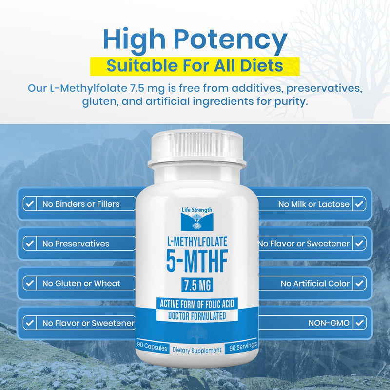 L-Methylfolate 7.5mg | 90 Capsules | Optimized & Highly Bioactive Methyl Folate Supplement | 5-MTHF Supports for Energy, Focus & Mood | Non-GMO, Gluten Free, Vegan | 3 Month Supply 7.5 mg