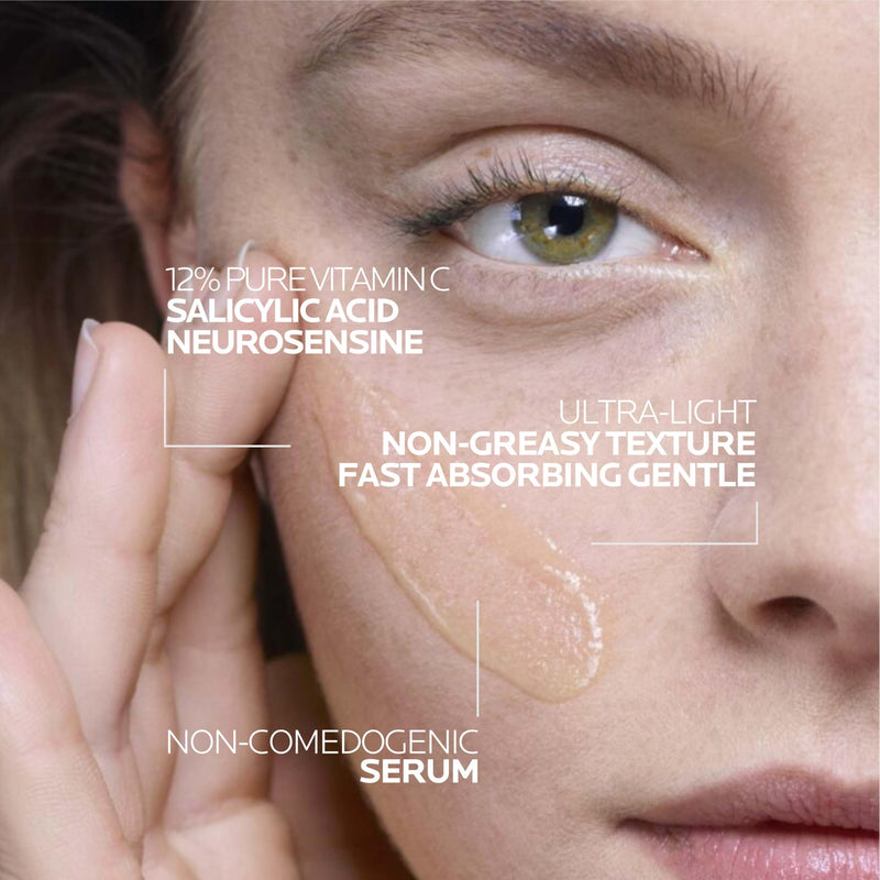 La Roche-Posay Pure 12% Vitamin C Serum for Face with Hyaluronic Acid & Salicylic Acid, Hydrating Face Serum, Boost Radiance & Reduce Wrinkles, 2 Formulas for Normal or Oily Skin Control 1.01 Fl Oz (Pack of 1)