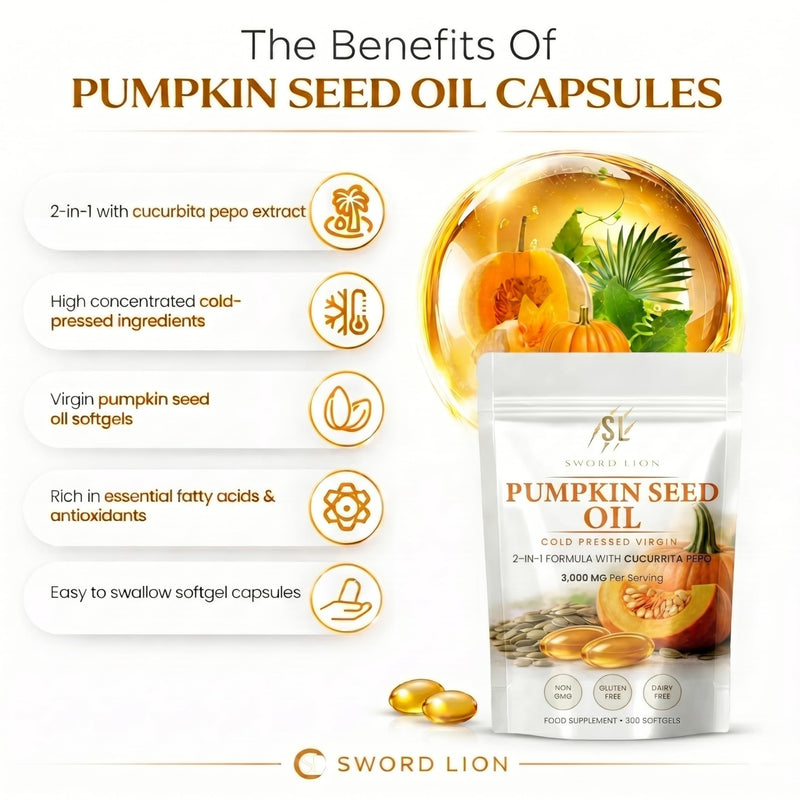 Premium Pumpkin Seed Oil 300 Softgels - EU Sourced Made in UK 3000mg - Cold Pressed Virgin Oil, GMP Certified, Non-GMO, Essential Fatty Acids Phytosterols, Bladder & Prostate Support Omega Rich