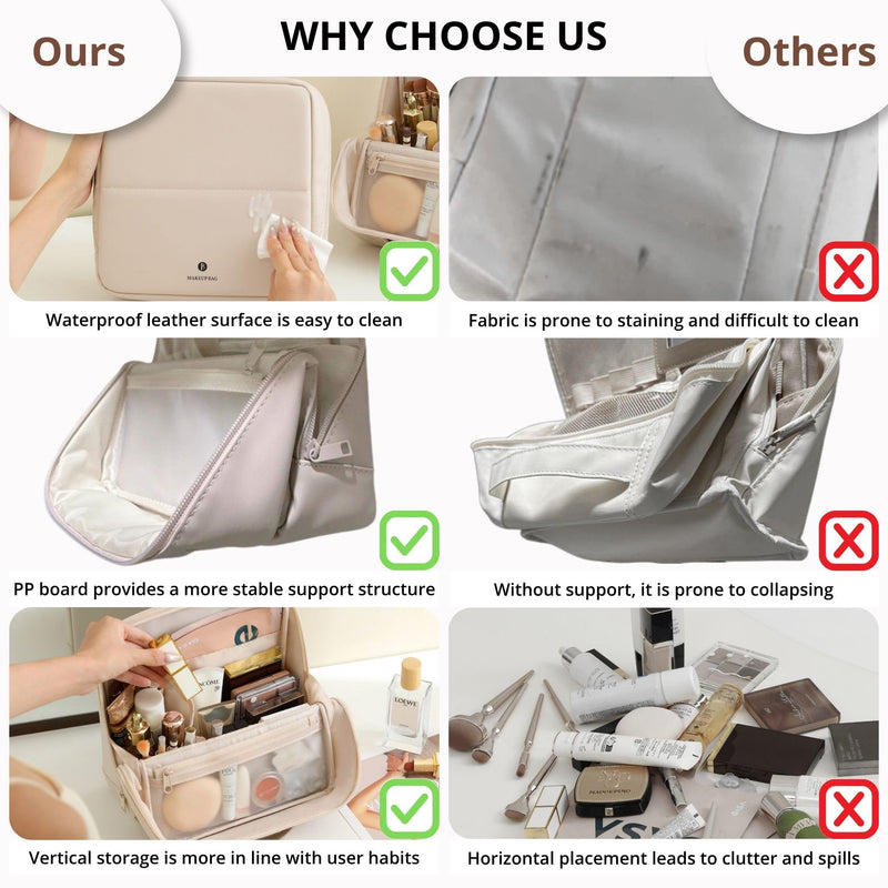 tianzong Travel Makeup Bag with Magnetic Fold-Down Flap, Waterproof Leather Cosmetic and Toiletry Organizer for Women, Multi-Zone Standing Storage, Cream, X-Large XL-Cream