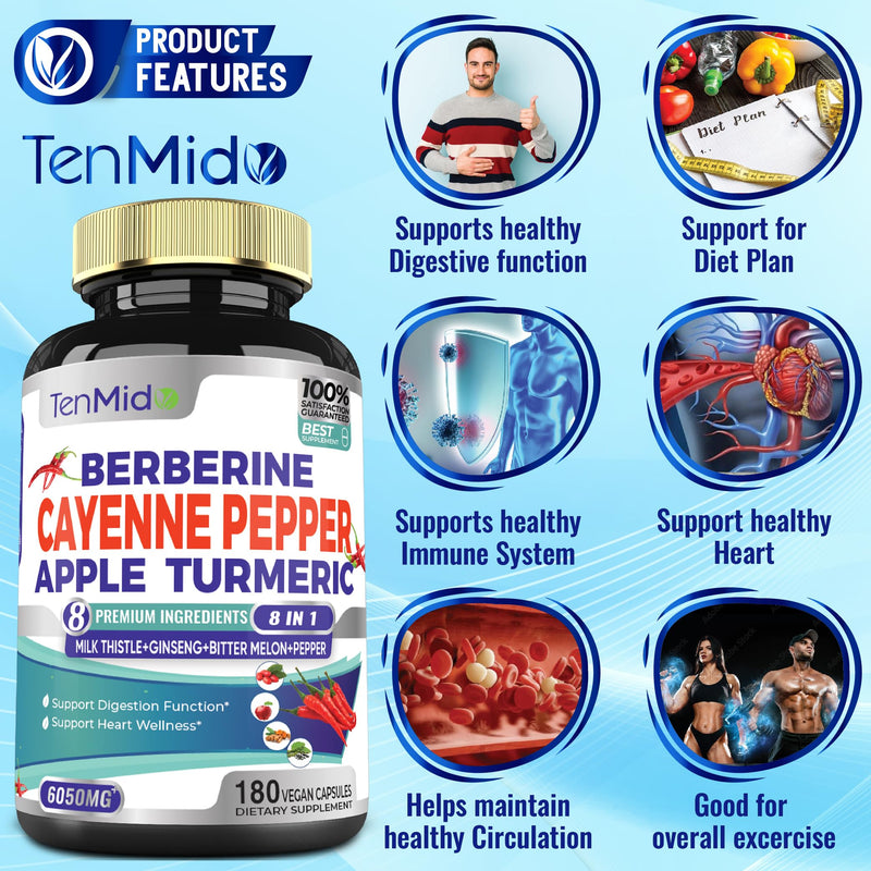 [Australia] - Cayenne Pepper Supplements Extract Capsules 6050mg, 180 Capsules & Berberine, Apple, Turmeric Curcumin, Bitter Melon, Ginseng, Milk Thistle| Supports Heart Health, Promotes Digestive Function 