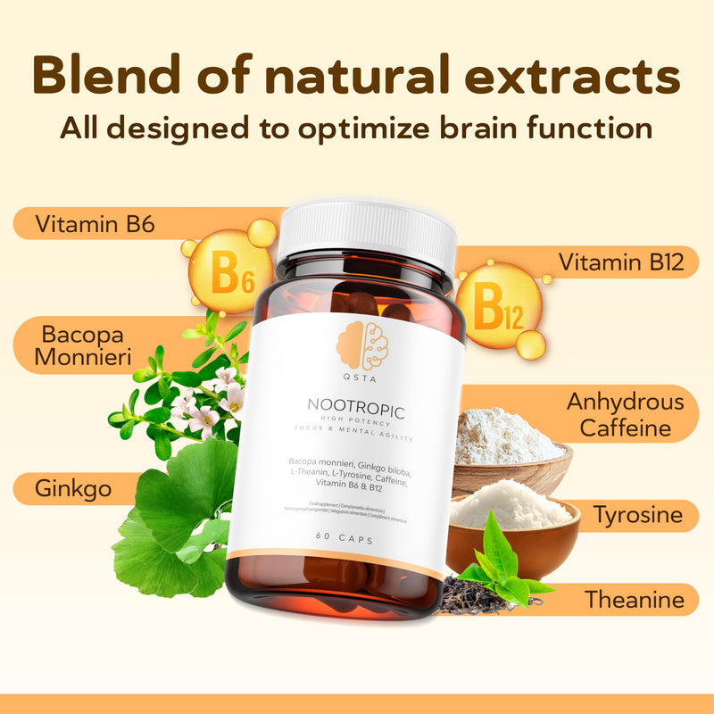 Nootropics Brain Supplement, Unique High Potency Cognitive Enhancer for Energy, Focus, Brain Function, Mental Alertness & Memory with Bacopa Monnieri, Ginkgo, Tyrosine, Theanine, Brain Vitamins