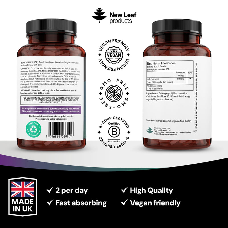 Sea Moss Tablets Extract High Strength 4000mg - Sea Moss Supplement 365 Tablets (not sea Moss Capsule) High Potency - UK Made - Vegan - Non GMO Sea Moss 365 Tablets