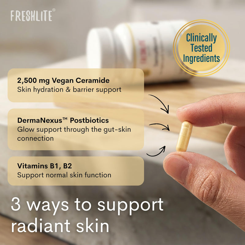 FRESHLITE 2,500mg Ceramide Supplement - Skin Hydration & Barrier Support - Radiant, Luminous Skin - with Vegan Postbiotics for Total Glow - DermaNexus™ 60 Vegan Capsules, Made in Japan 60 count (Pack of 1)