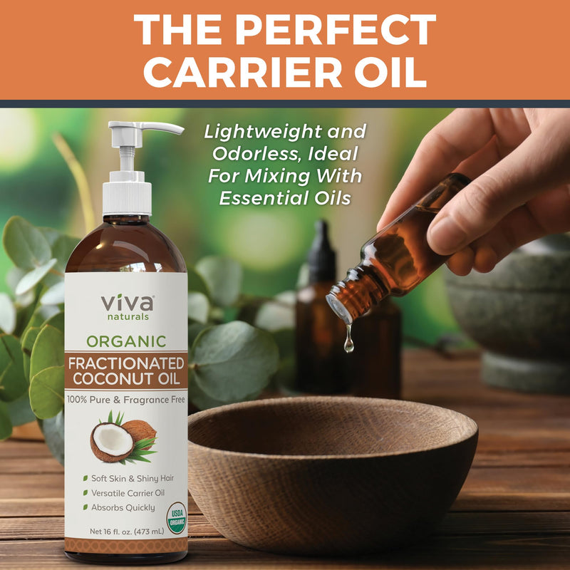 [Australia] - Viva Naturals Organic Fractionated Coconut Oil - Skin & Hair Moisturizer, Relaxing Massage and Body Oil, Carrier Oil for Essential Oils Mixing, Pure Non-Greasy Coconut Oil for Skin and Hair, 16 fl oz 