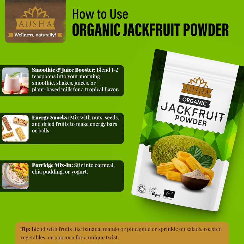 Ausha Organic Green Jackfruit Powder 250g - UK Certified Organic by Soil Association - Gut Health, Fibre, Gluten Free - Add to Cereals, Smoothies, Juices, Porridge, Baking Organic Jackfruit Powder 250g