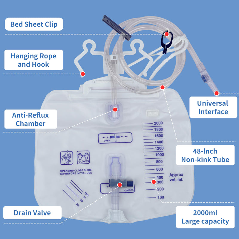 [Australia] - 3 Pack 2000mL Catheter Bags and 1 Pack Foley Catheter Leg Strap 23" Long x 2" Wide,Urinary Drainage Bag with Anti-Reflux Chamber and 2000 mL Volume, 48" Drainage Tube, Clips and Hanging Hook 3pack+Foley Catheter Leg Strap 