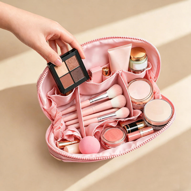 Travel parallel vertical Makeup Bag with Fold-Down Design and Adjustable Dividers,upright Cosmetic Toiletry Bags Black
