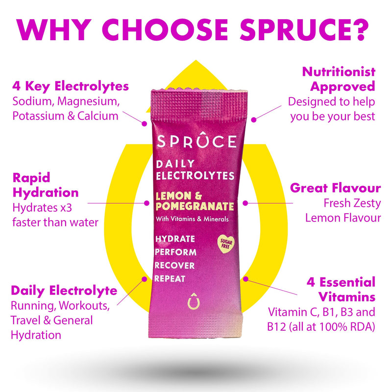 Spruce Daily Electrolytes – Zero Sugar Hydration Sachets with Potassium, Sodium, Magnesium, Vitamins & Minerals for Rehydration & Recovery – Lemon & Pomegranate – 28 Sachets Pack of 28