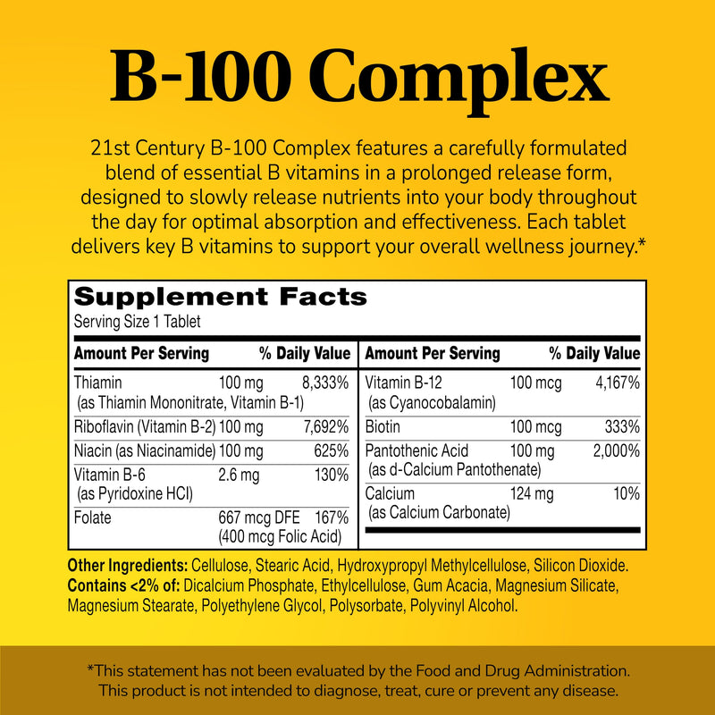 21st Century B-100 Complex Prolonged Release Tablets, Energy, 60 Count | High-Potency B-100 Complex with B1, B2, B6, B12, Biotin & Folic Acid, Energy Metabolism & Nervous System Support, Gluten Free 60 Count (Pack of 1)