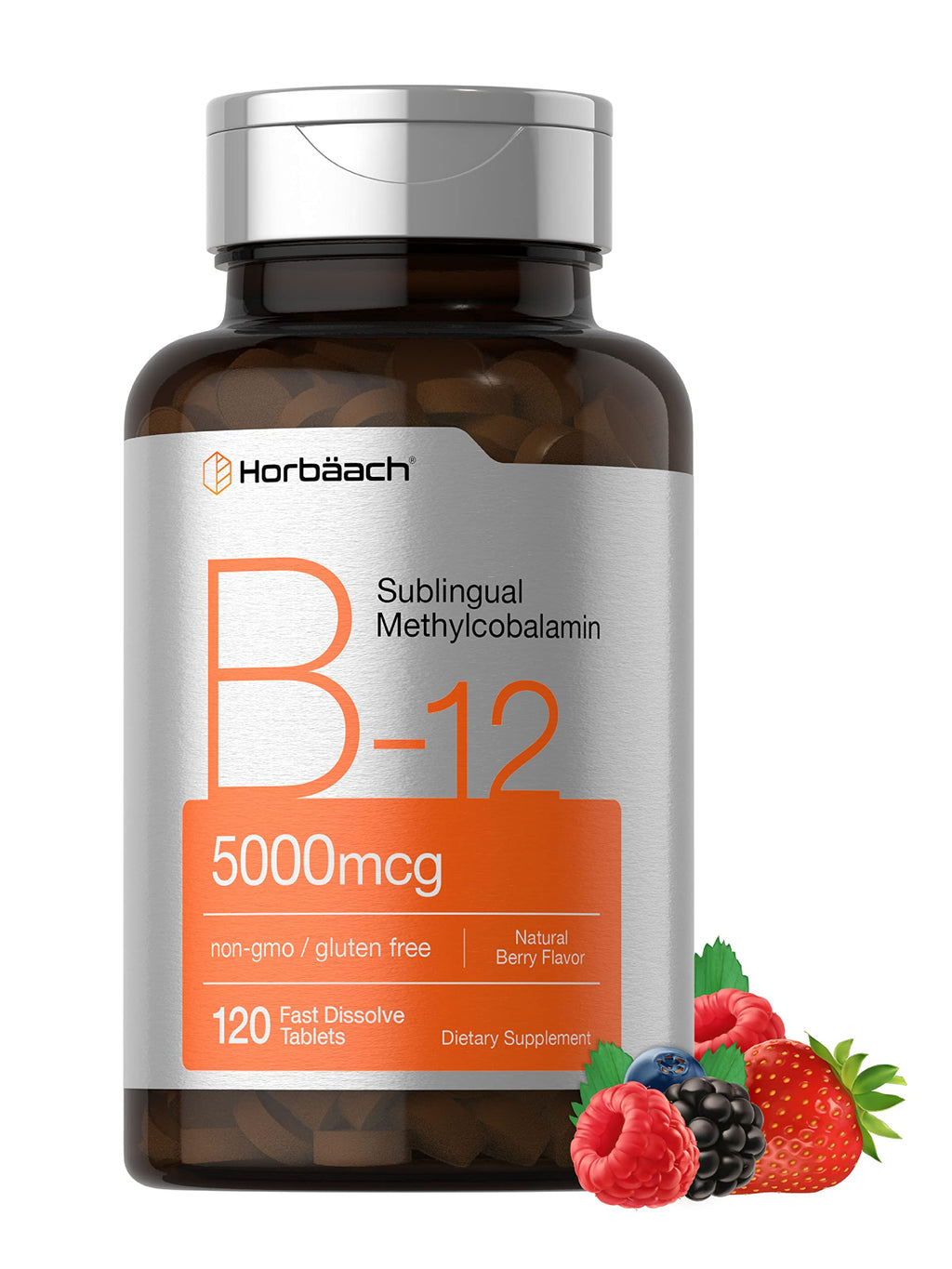 Horbäach B12 Sublingual Methylcobalamin | 5000mcg | 120 Fast Dissolve Tablets | Vegetarian, Non-GMO and Gluten Free Supplement Berry 120 Count (Pack of 1)