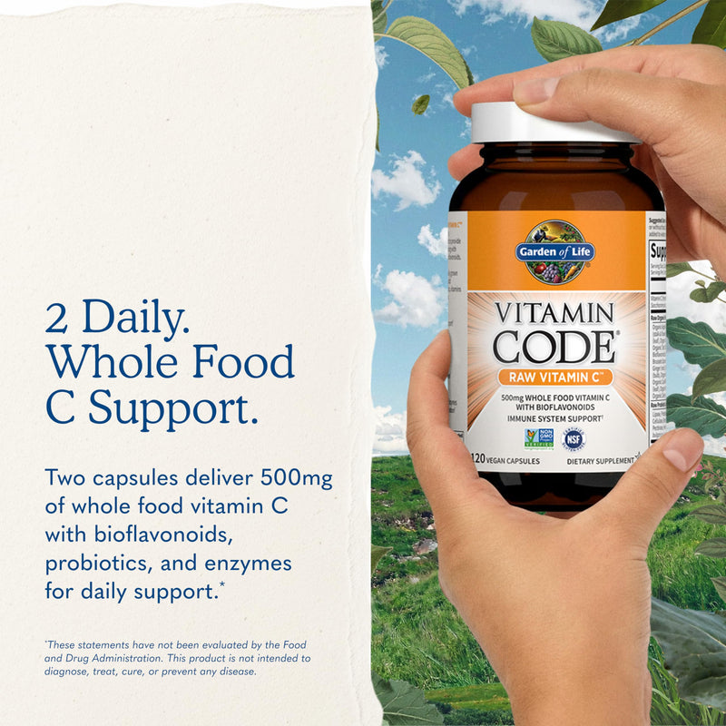 Garden of Life Vitamin Code Raw Vitamin C - 120 Capsules, 500mg Whole Food Vitamin C Capsules + Fruit & Veggie Blend & Probiotics, Supplements for Adults, Vegan, Gluten Free 120 Count (Pack of 1)