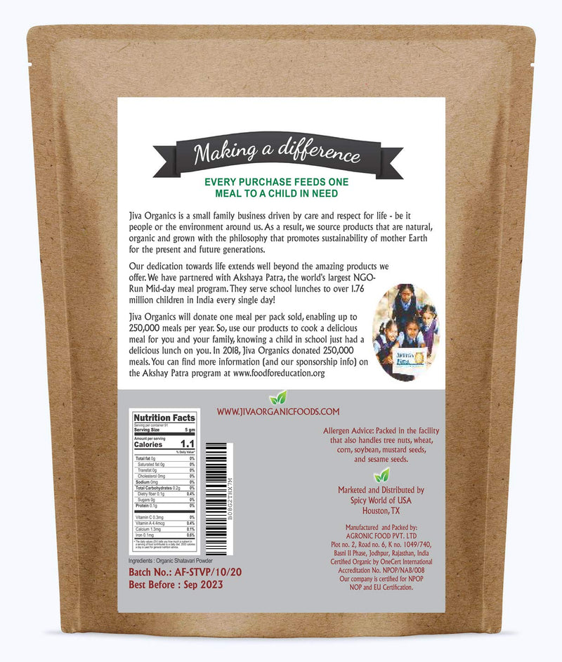 [Australia] - Jiva Organics Organic Shatavari Powder 1 Pound Bulk Bag - Asparagus racemosus - Pure Ayurvedic Herb 