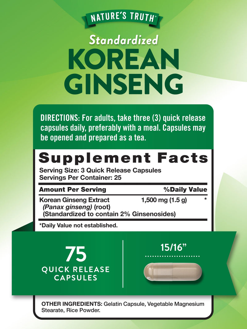 [Australia] - Nature's Truth Korean Ginseng Capsules | 75 Count | Standardized Extract from Ginseng Root | Non-GMO, Gluten Free Supplement 