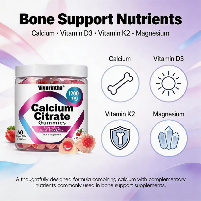 Calcium Citrate Gummies 1200mg with Magnesium,Vitamin D3, K2, Calcium Supplements for Women & Men- Easy to Digest, Vegan, Gluten Free,Sugar Free- Strawberry Flavor, 120 Calcium Gummies 60 Count (Pack of 2)