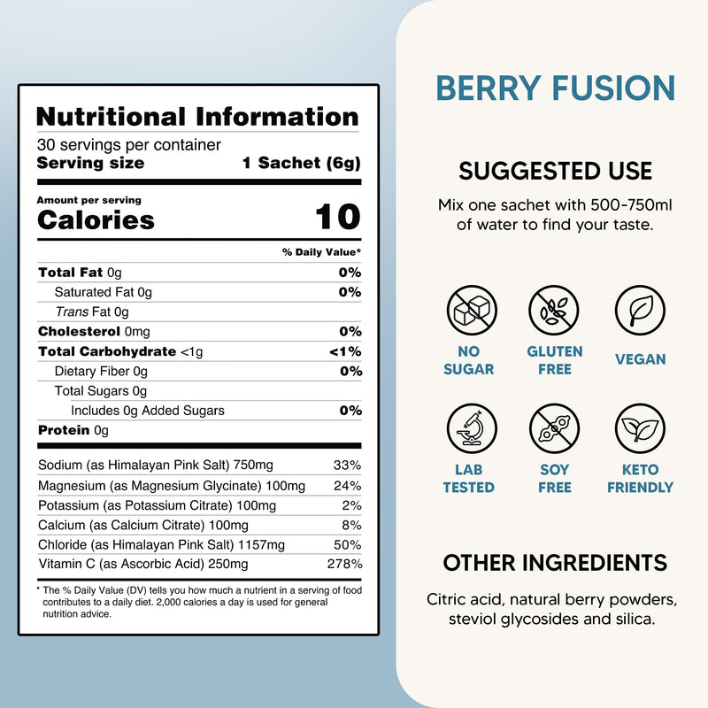 Strike Electrolytes | Zero Sugar Hydration Sachets with Sodium, Magnesium, Vitamin C & Trace Minerals | Vegan, Keto, Gluten-Free | Daily Electrolytes Powder (30 Sachets, Berry Fusion) 30 Sachets