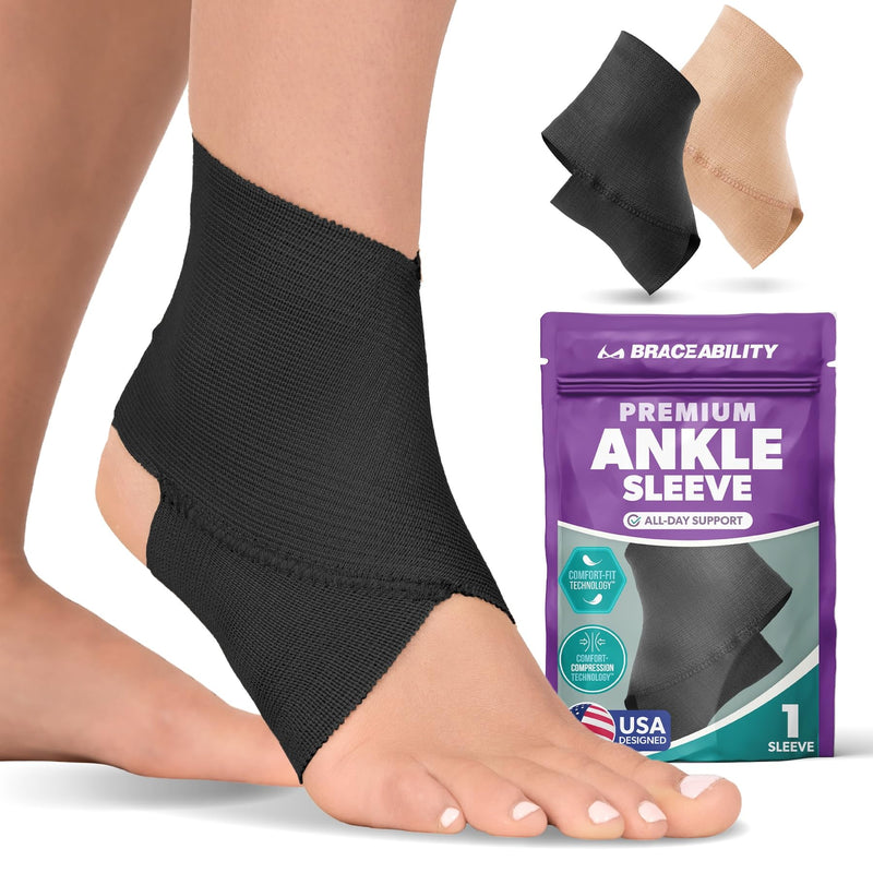 BraceAbility Elastic Ankle Support Brace - Lightweight Slip on Foot and Ankle Compression Sleeve for Gymnastics, Dance, Sports, Running, Exercise, and Sprained Ankle Swelling for Women and Men (Black, Medium) Black
