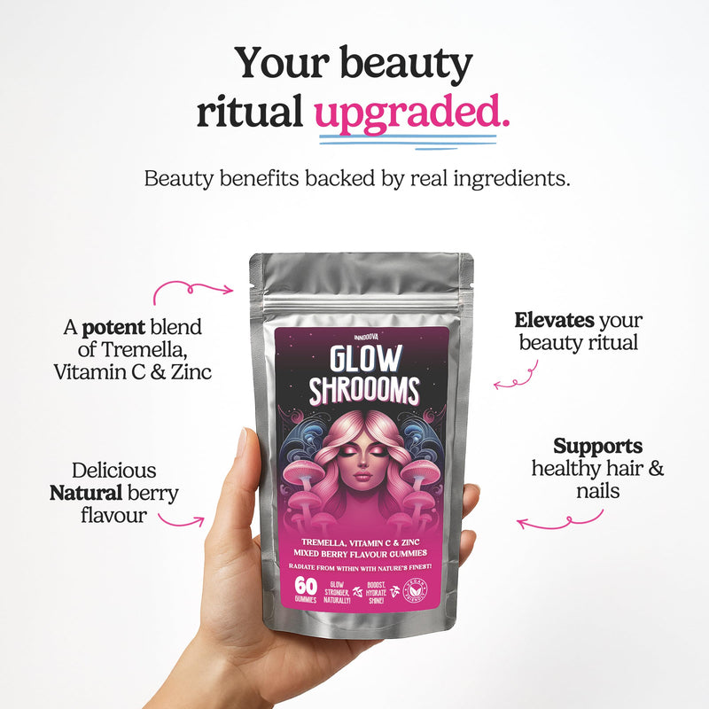 Glowshroooms Mushroom Gummies with Tremella, Vitamin C & Zinc for Skin Glow, Hydration & Collagen Support, Vegan, Gluten Free, Natural Berry Flavour, 60 Gummies, 1 Month Supply Mixed Berry 1 count (Pack of 60)