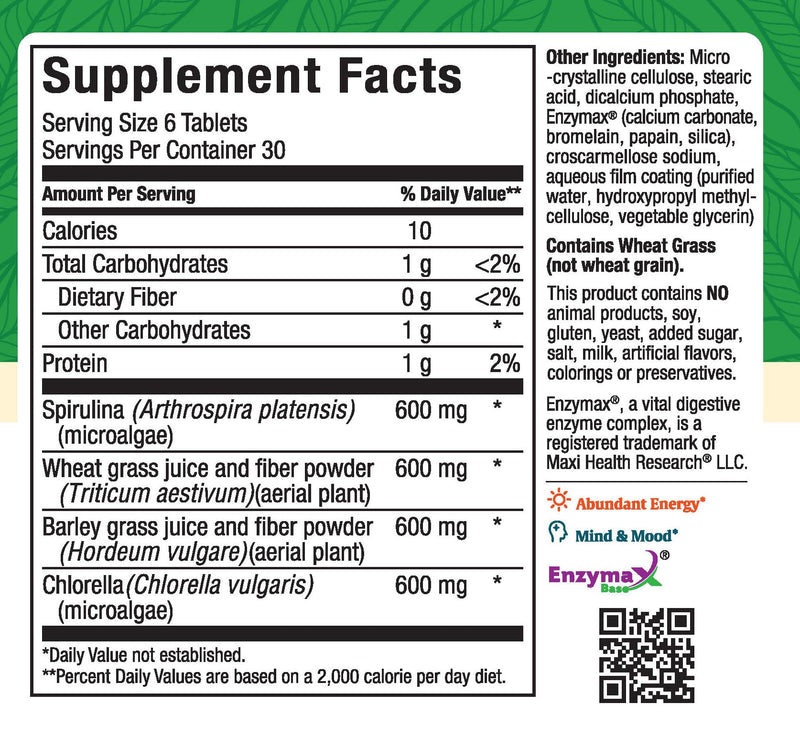 Super Greens Capsules – Green Vitality Tablets with Spirulina, Wheat Grass, Barley Grass & Chlorella – Natural Green Vitamins & Superfood Supplement for Energy, Detox & Immune Support – 180 Tablets