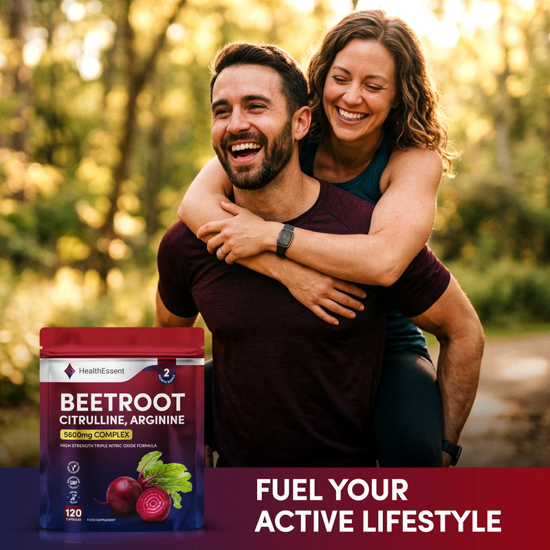 HealthEssent Beetroot Capsules 5600mg High Strength Nitric Oxide Booster | Triple Complex with 5000mg Beetroot, 400mg L-Citrulline, 150mg L-Arginine, Vitamin C & Black Pepper | 120 Vegan Capsules